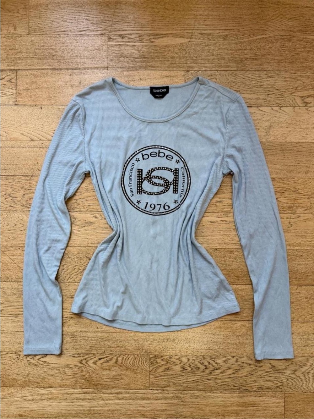 Y2K Bebe Ribbed Rhinestone Logo Long Sleeve Top